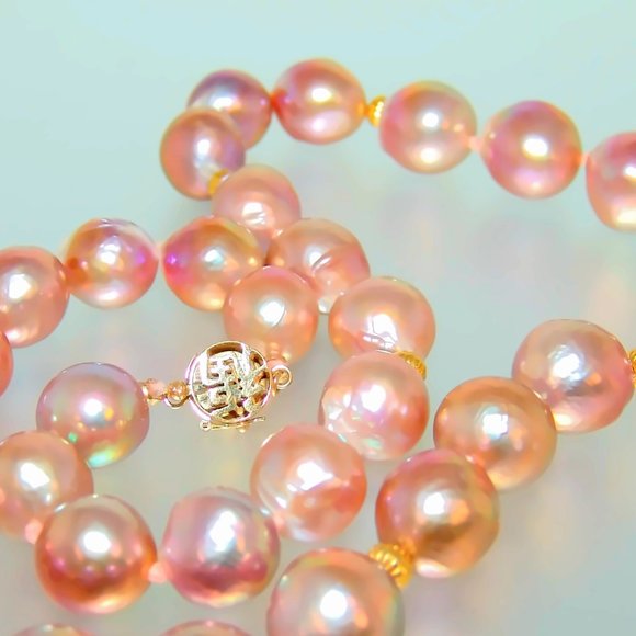 14K Gold Clasp Pink Purple 14mm Pearl Necklace Edison Cultured Pearl Necklace - Picture 2 of 7